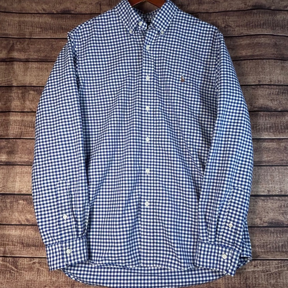 Polo Ralph Lauren Mens Blue Gingham Check Button Down Classic Fit L Flesh Pony